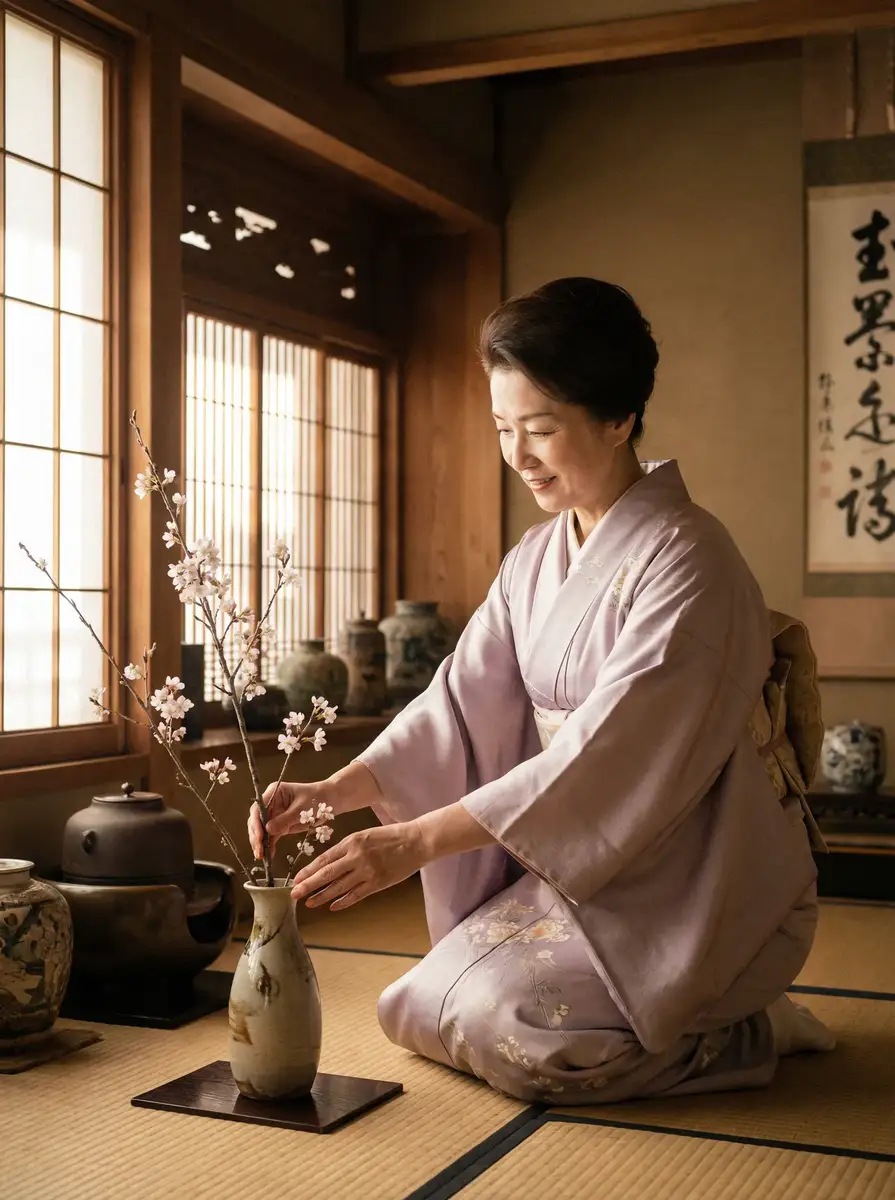一位优雅的 最新黑料 在和室中插花
